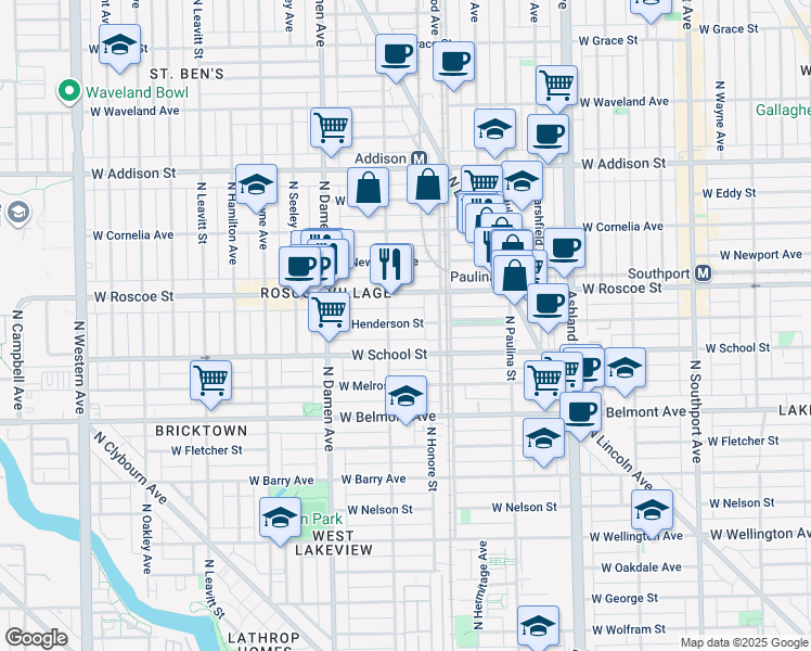map of restaurants, bars, coffee shops, grocery stores, and more near 1825 West Roscoe Street in Chicago