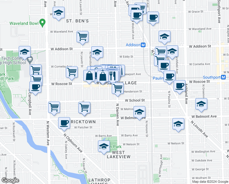 map of restaurants, bars, coffee shops, grocery stores, and more near 2025 West Roscoe Street in Chicago