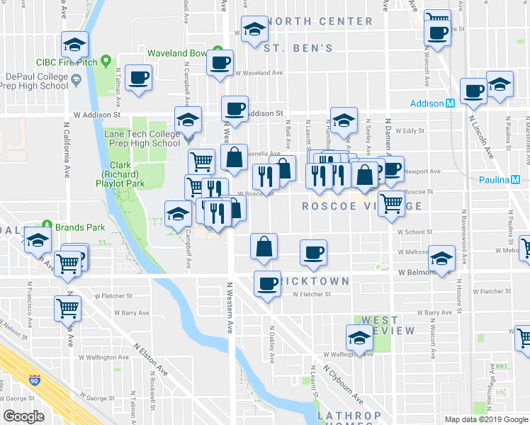 map of restaurants, bars, coffee shops, grocery stores, and more near 2255 West Roscoe Street in Chicago