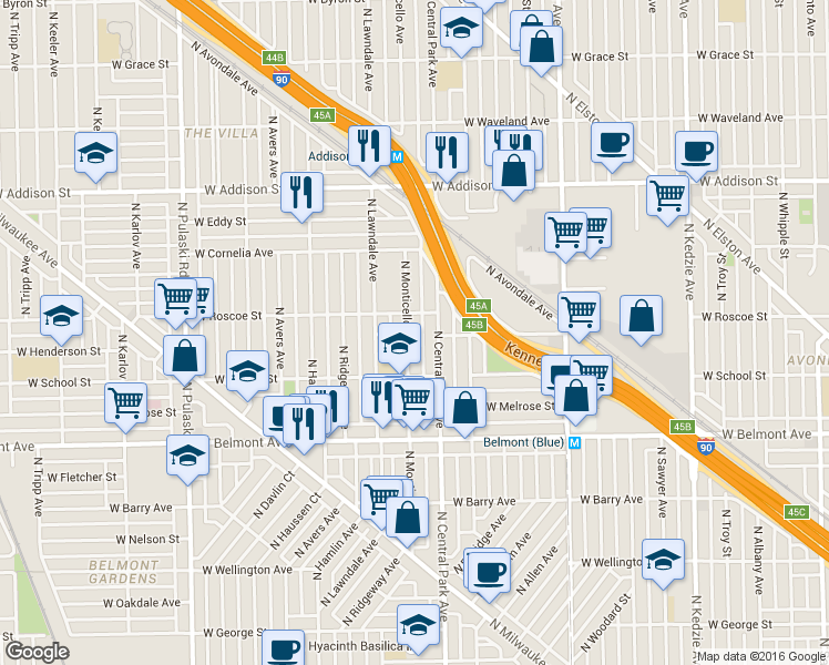 map of restaurants, bars, coffee shops, grocery stores, and more near 3405 North Monticello Avenue in Chicago