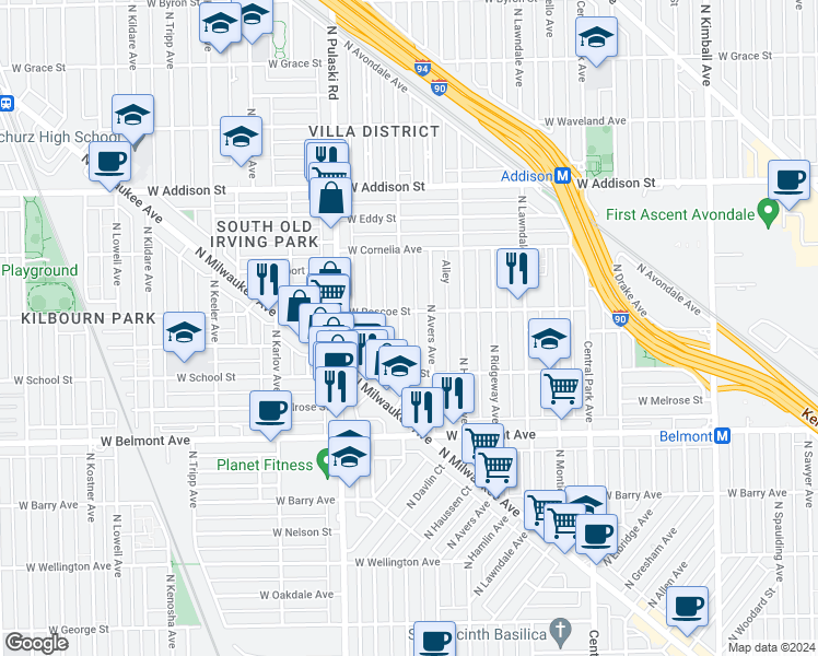 map of restaurants, bars, coffee shops, grocery stores, and more near 3403 North Springfield Avenue in Chicago