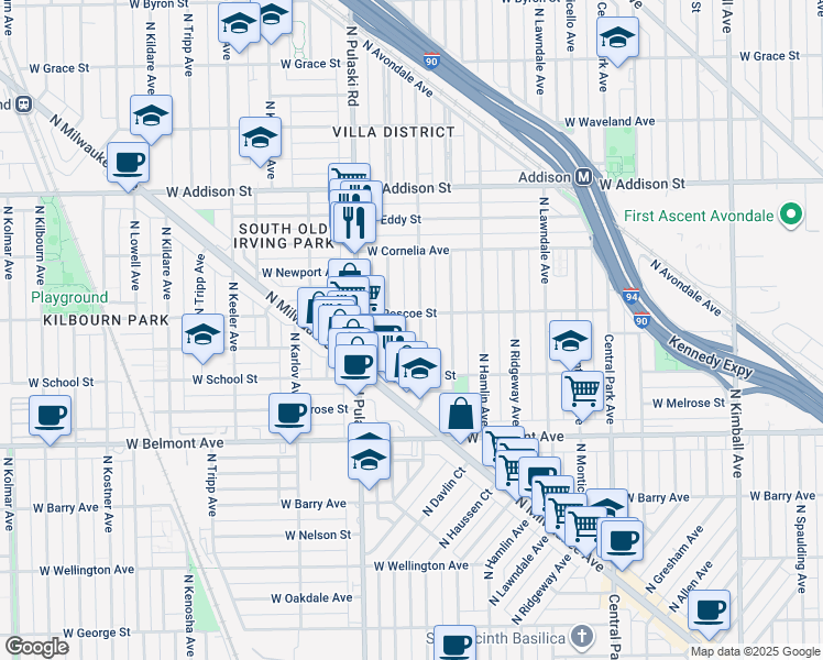 map of restaurants, bars, coffee shops, grocery stores, and more near 3403 North Springfield Avenue in Chicago