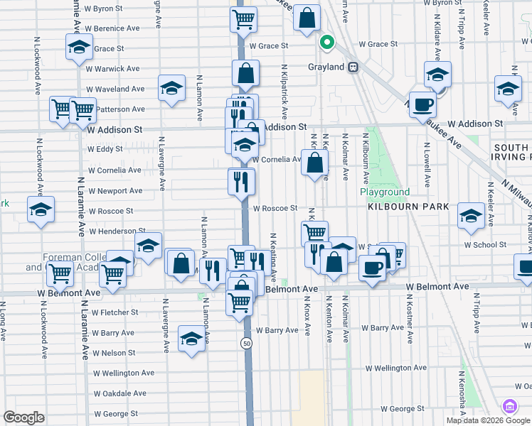 map of restaurants, bars, coffee shops, grocery stores, and more near 3414 North Keating Avenue in Chicago