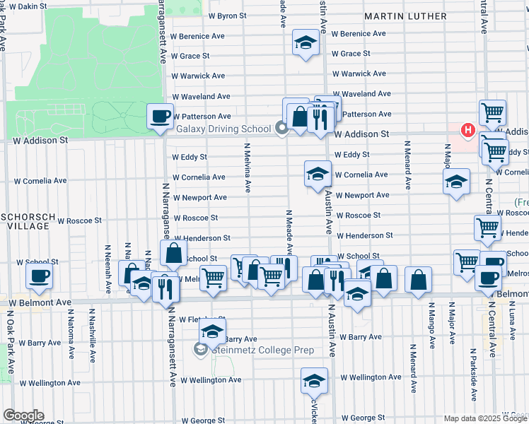map of restaurants, bars, coffee shops, grocery stores, and more near 6130 West Newport Avenue in Chicago