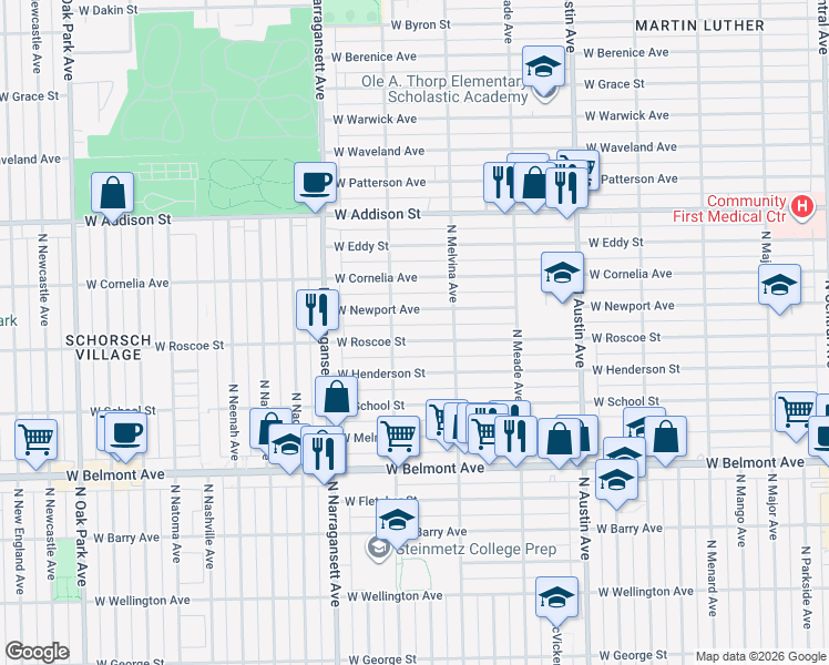 map of restaurants, bars, coffee shops, grocery stores, and more near 6244 West Newport Avenue in Chicago