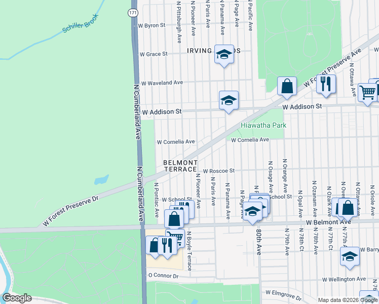 map of restaurants, bars, coffee shops, grocery stores, and more near 3501 North Pittsburgh Avenue in Chicago