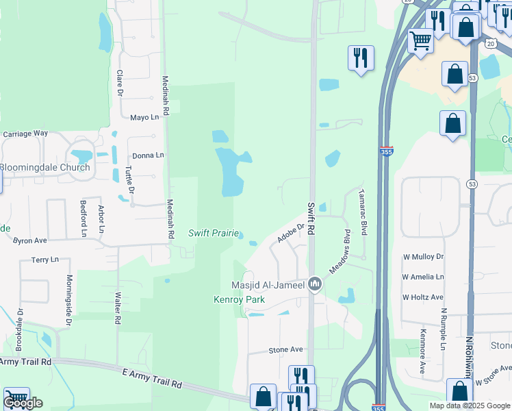 map of restaurants, bars, coffee shops, grocery stores, and more near 836 College Boulevard in Addison