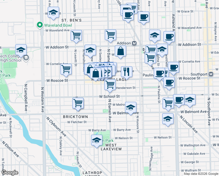map of restaurants, bars, coffee shops, grocery stores, and more near N Damen Ave & W Henderson St in Chicago