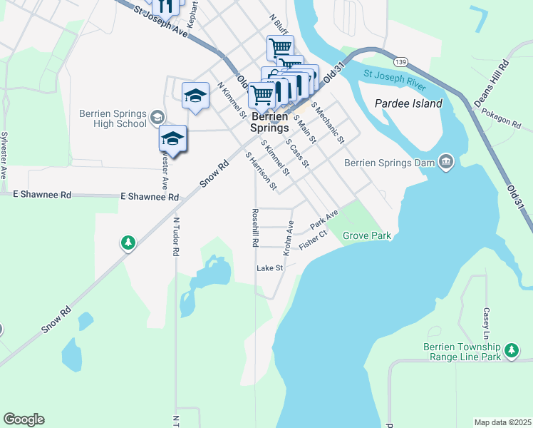 map of restaurants, bars, coffee shops, grocery stores, and more near 317 Harrison Street in Berrien Springs