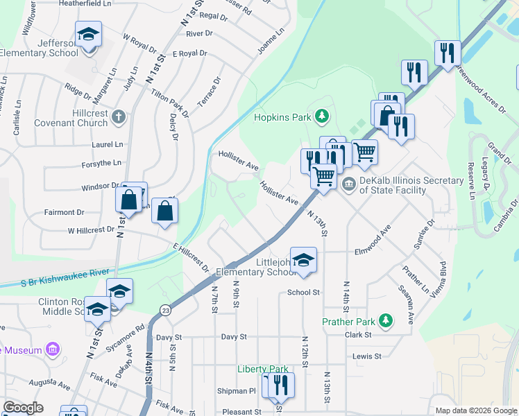 map of restaurants, bars, coffee shops, grocery stores, and more near 620 Krpan Court in DeKalb