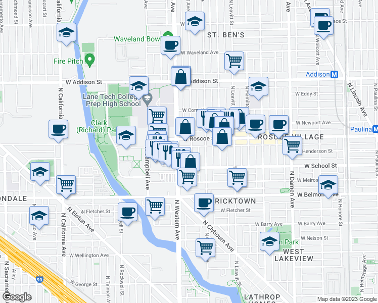 map of restaurants, bars, coffee shops, grocery stores, and more near 3332 North Claremont Avenue in Chicago