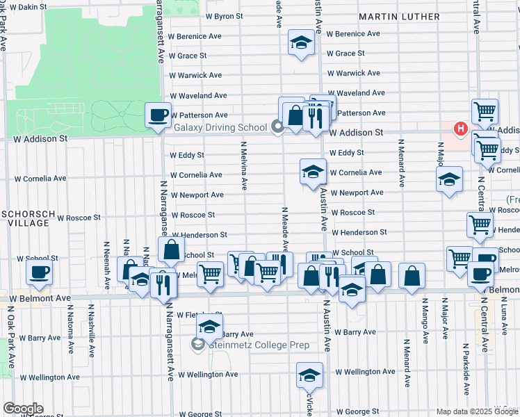 map of restaurants, bars, coffee shops, grocery stores, and more near 6130 West Newport Avenue in Chicago