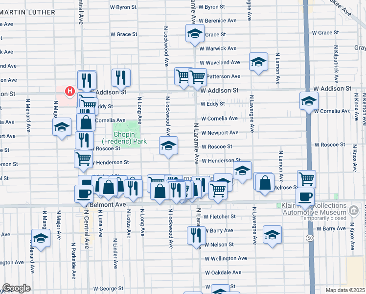 map of restaurants, bars, coffee shops, grocery stores, and more near 5215 West Newport Avenue in Chicago