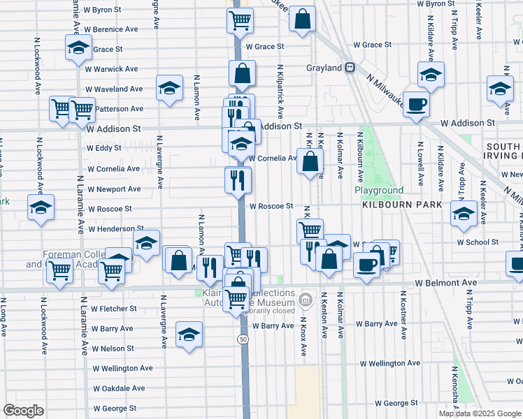 map of restaurants, bars, coffee shops, grocery stores, and more near 3414 North Keating Avenue in Chicago