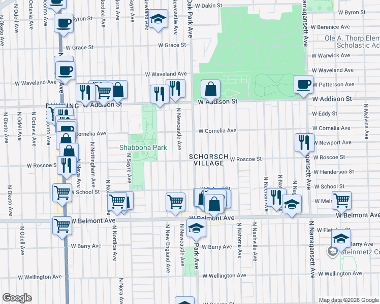 map of restaurants, bars, coffee shops, grocery stores, and more near 3434 North Oak Park Avenue in Chicago