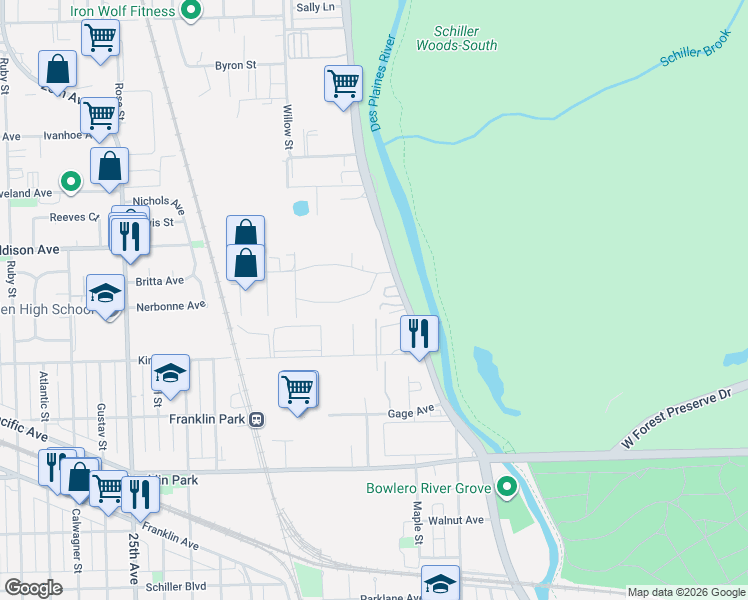 map of restaurants, bars, coffee shops, grocery stores, and more near 9135 Crescent Drive in Franklin Park