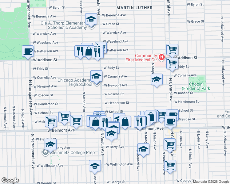 map of restaurants, bars, coffee shops, grocery stores, and more near 5901 West Newport Avenue in Chicago