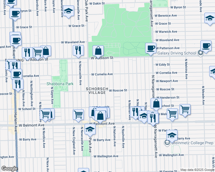 map of restaurants, bars, coffee shops, grocery stores, and more near 3436 North Normandy Avenue in Chicago