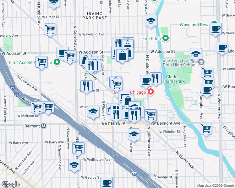 map of restaurants, bars, coffee shops, grocery stores, and more near 3333 North Elston Avenue in Chicago