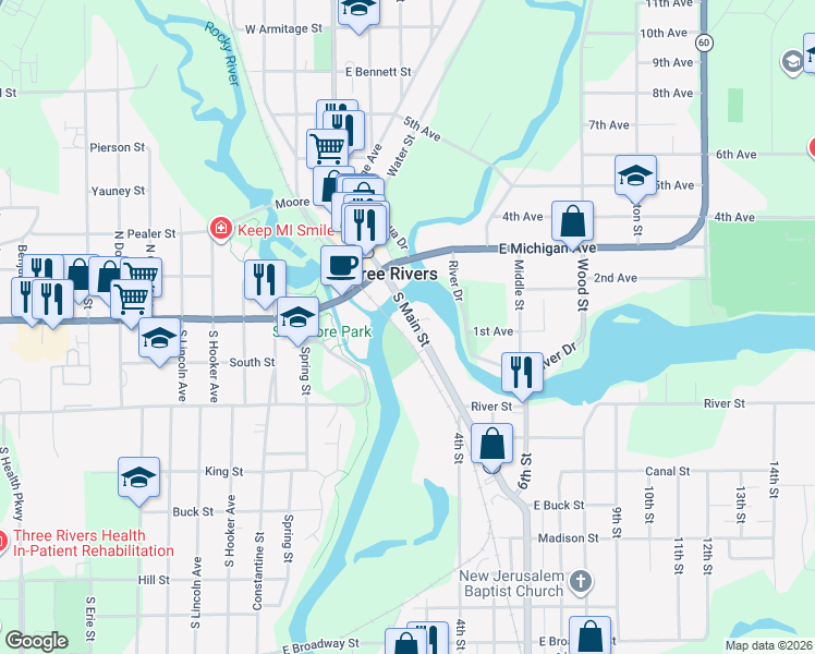 map of restaurants, bars, coffee shops, grocery stores, and more near 200 Michigan 86 in Three Rivers