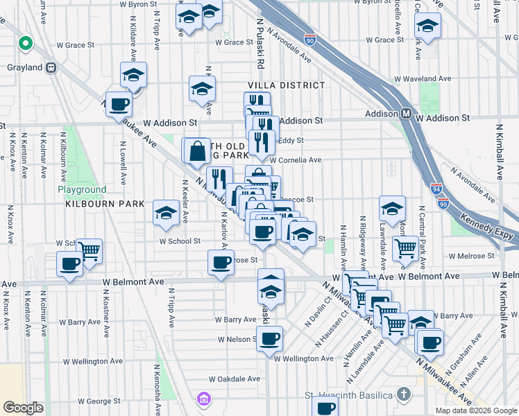 map of restaurants, bars, coffee shops, grocery stores, and more near 3348 North Pulaski Road in Chicago