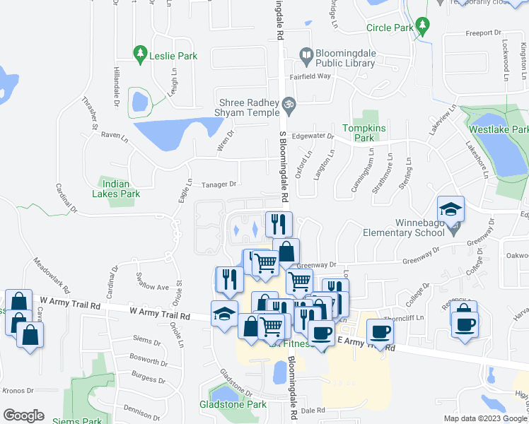 map of restaurants, bars, coffee shops, grocery stores, and more near 196 Dunteman Drive in Glendale Heights