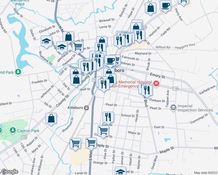 map of restaurants, bars, coffee shops, grocery stores, and more near 16 Crandall Court in Attleboro