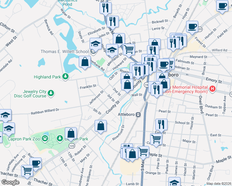 map of restaurants, bars, coffee shops, grocery stores, and more near 24 2nd Street in Attleboro