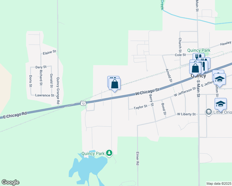 map of restaurants, bars, coffee shops, grocery stores, and more near 114 West Chicago Street in Quincy