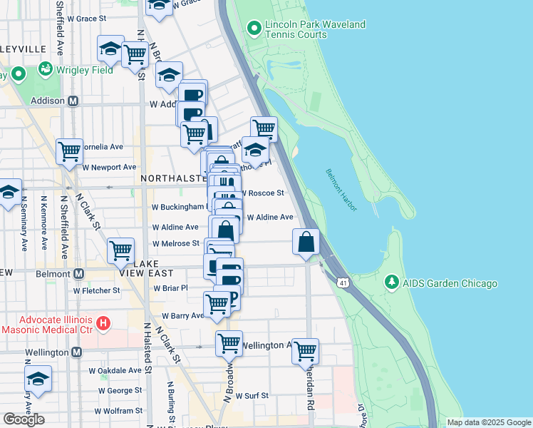 map of restaurants, bars, coffee shops, grocery stores, and more near 437 West Roscoe Street in Chicago