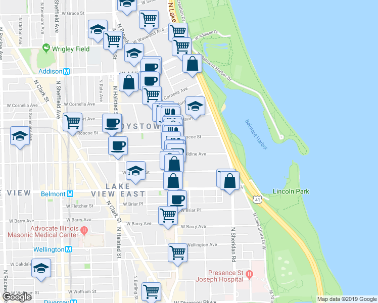 map of restaurants, bars, coffee shops, grocery stores, and more near 539 West Roscoe Street in Chicago