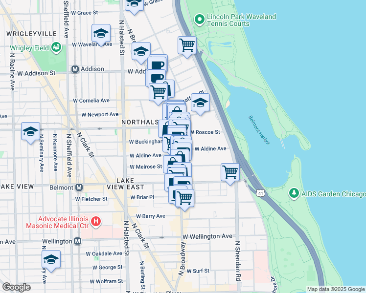 map of restaurants, bars, coffee shops, grocery stores, and more near 539 West Roscoe Street in Chicago