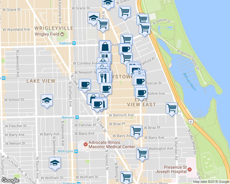 map of restaurants, bars, coffee shops, grocery stores, and more near in Chicago