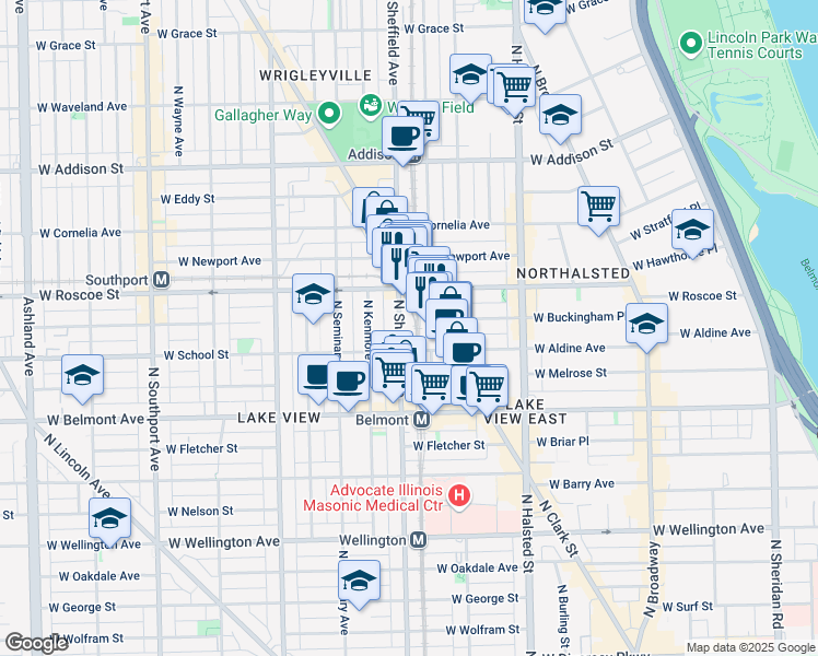 map of restaurants, bars, coffee shops, grocery stores, and more near 3341 North Sheffield Avenue in Chicago