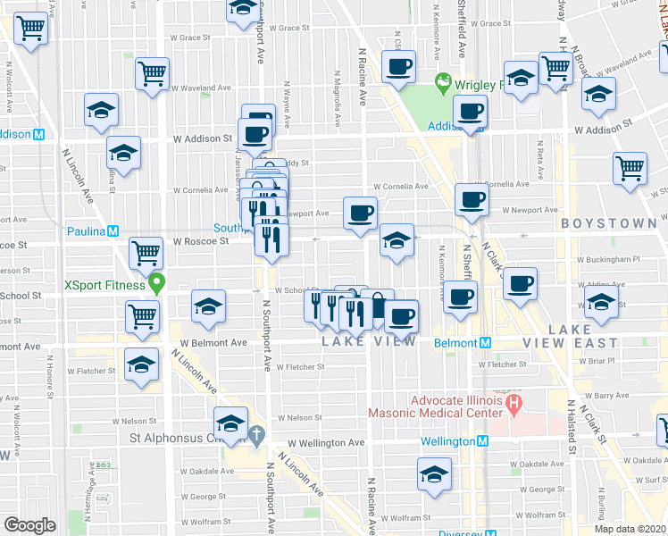 map of restaurants, bars, coffee shops, grocery stores, and more near 1216 West Roscoe Street in Chicago