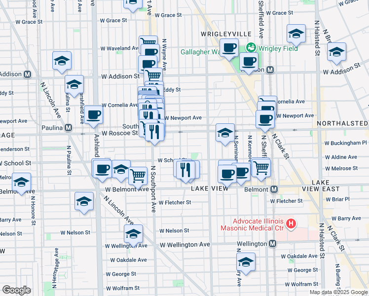map of restaurants, bars, coffee shops, grocery stores, and more near 3346 North Lakewood Avenue in Chicago