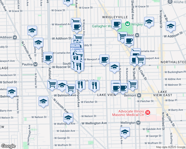 map of restaurants, bars, coffee shops, grocery stores, and more near 3346 North Lakewood Avenue in Chicago
