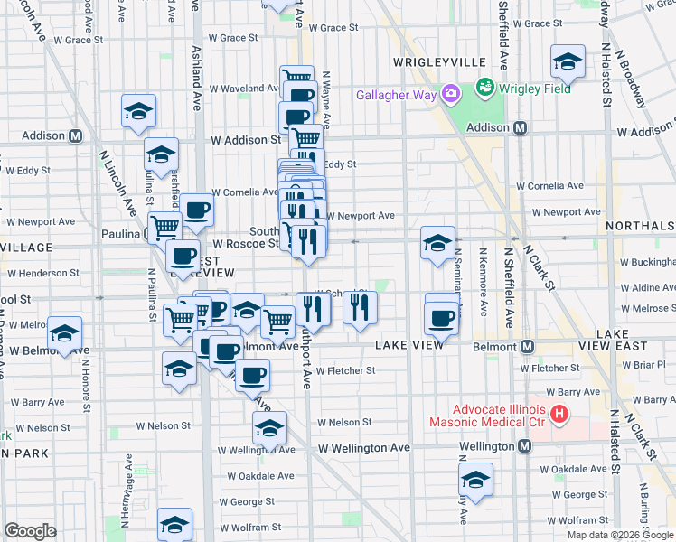 map of restaurants, bars, coffee shops, grocery stores, and more near 1341 West Roscoe Street in Chicago