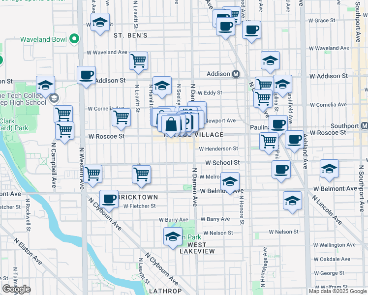 map of restaurants, bars, coffee shops, grocery stores, and more near 2025 West Roscoe Street in Chicago