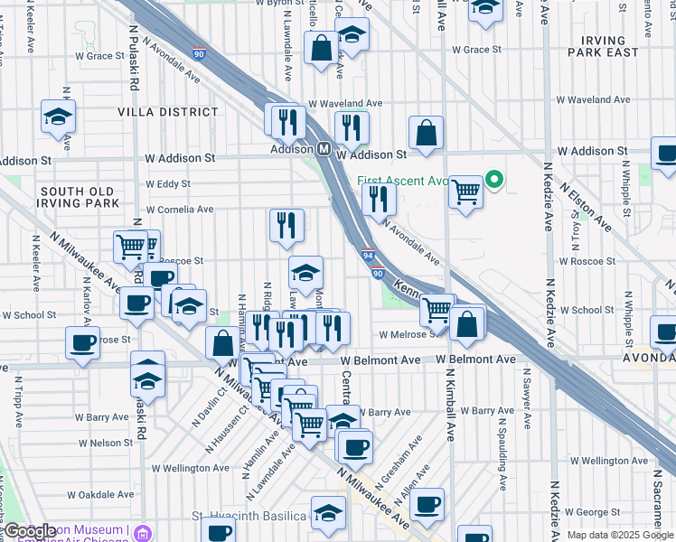 map of restaurants, bars, coffee shops, grocery stores, and more near 3405 North Monticello Avenue in Chicago