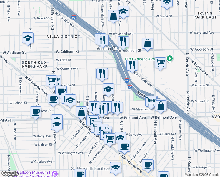 map of restaurants, bars, coffee shops, grocery stores, and more near 3405 North Monticello Avenue in Chicago