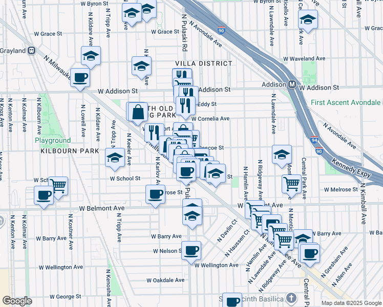 map of restaurants, bars, coffee shops, grocery stores, and more near 3368 North Pulaski Road in Chicago