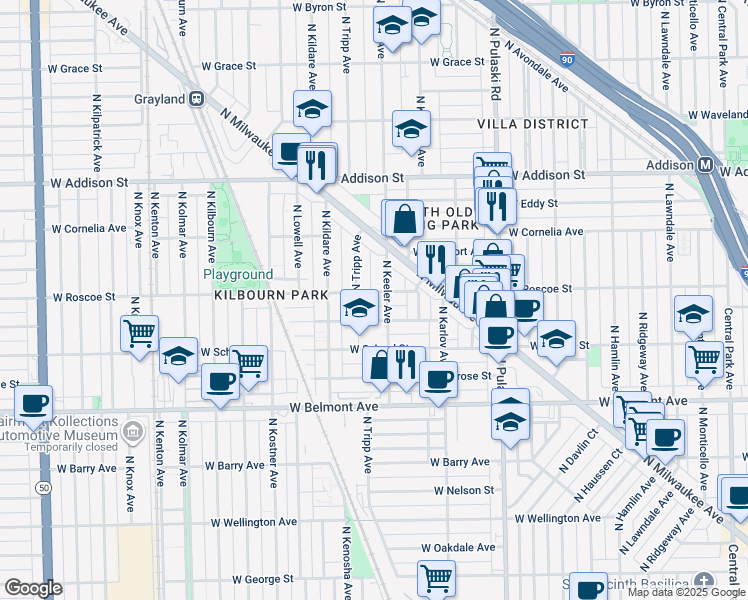 map of restaurants, bars, coffee shops, grocery stores, and more near 3407 North Keeler Avenue in Chicago