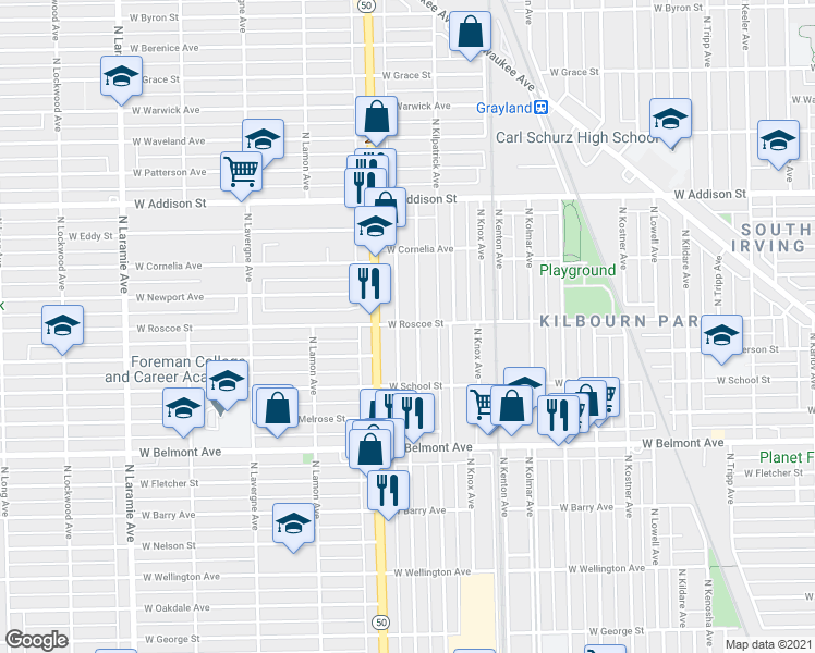 map of restaurants, bars, coffee shops, grocery stores, and more near 3414 North Keating Avenue in Chicago