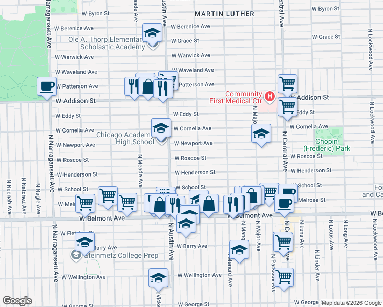 map of restaurants, bars, coffee shops, grocery stores, and more near 5901 West Newport Avenue in Chicago