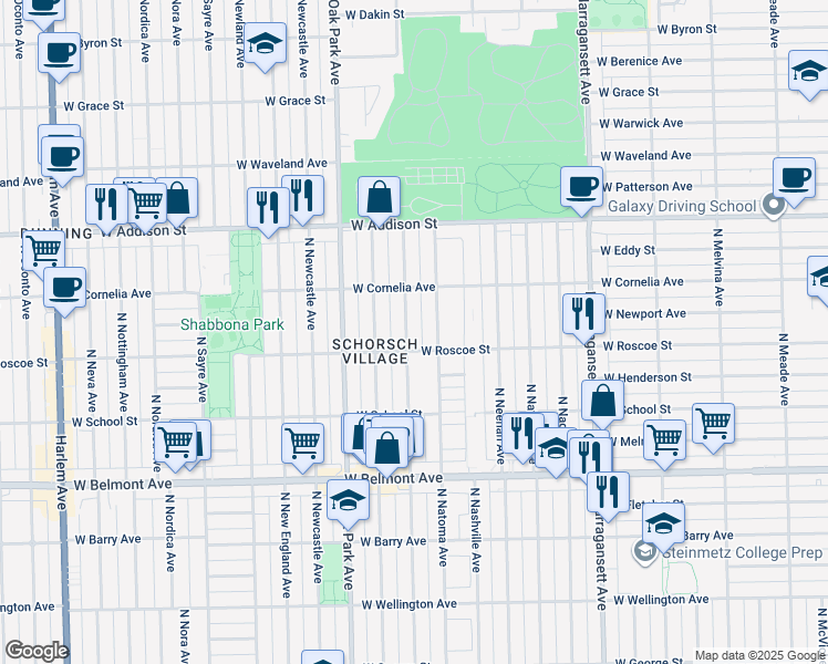 map of restaurants, bars, coffee shops, grocery stores, and more near 3436 North Normandy Avenue in Chicago