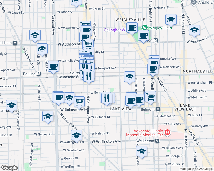 map of restaurants, bars, coffee shops, grocery stores, and more near 1251 West Henderson Street in Chicago
