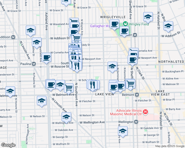 map of restaurants, bars, coffee shops, grocery stores, and more near 3346 North Lakewood Avenue in Chicago