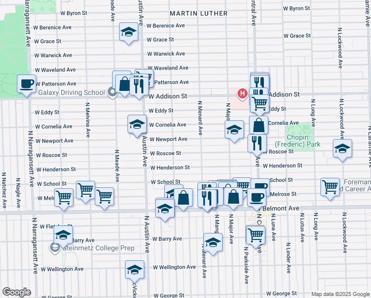 map of restaurants, bars, coffee shops, grocery stores, and more near 5829 West Newport Avenue in Chicago