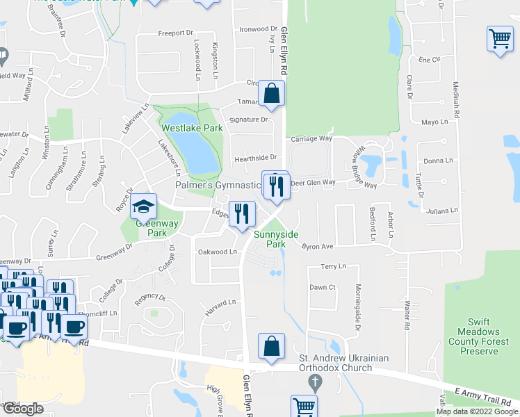 map of restaurants, bars, coffee shops, grocery stores, and more near 286 Glen Ellyn Rd in Bloomingdale